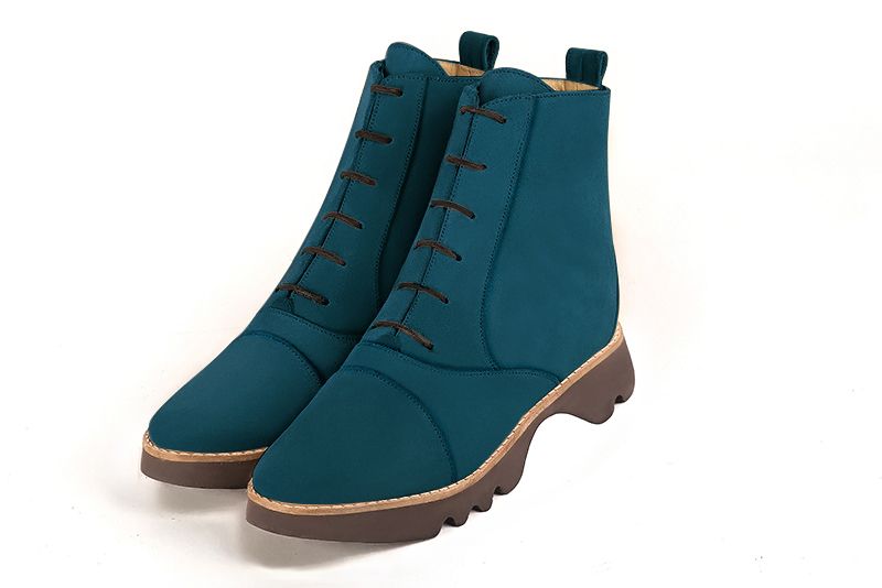 Peacock blue women's ankle boots with laces at the front.. Front view - Florence KOOIJMAN